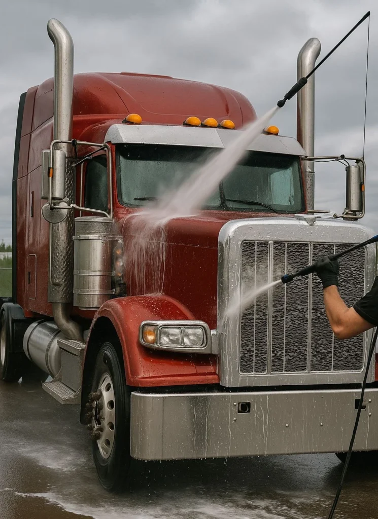Edmonton's Premier Truck Washing Service Men washing a red Truck at Truck Wash Edmonton