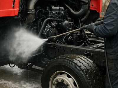 Men doing truck Engine and Chassis Cleaning